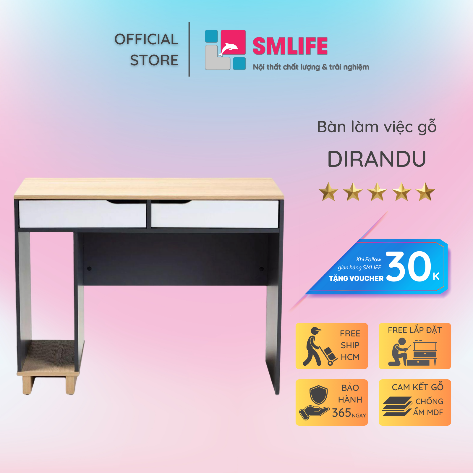 Bàn làm việc, bàn học gỗ hiện đại SMLIFE Dirandu | Gỗ MDF dày 17mm chống ẩm | D100xR50xC75cm