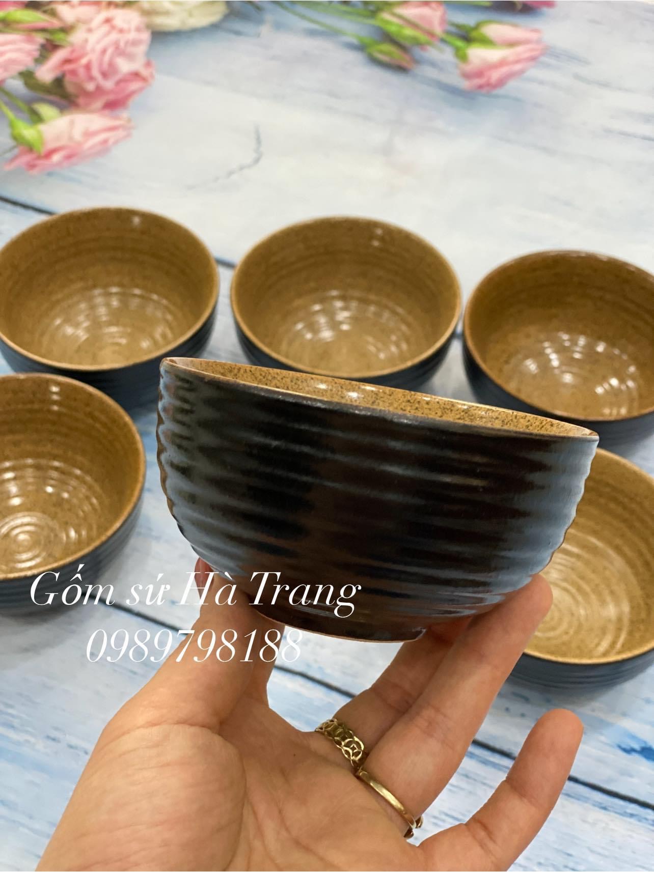 Bát cơm gốm sứ Bát Tràng cao cấp men đen lòng nâu gốm hạt tiêu phong cách Nhật