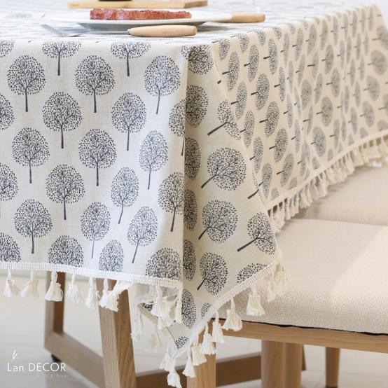 Khăn trải bàn linen họa tiết cây xám nhã nhặn Landecor - TB539