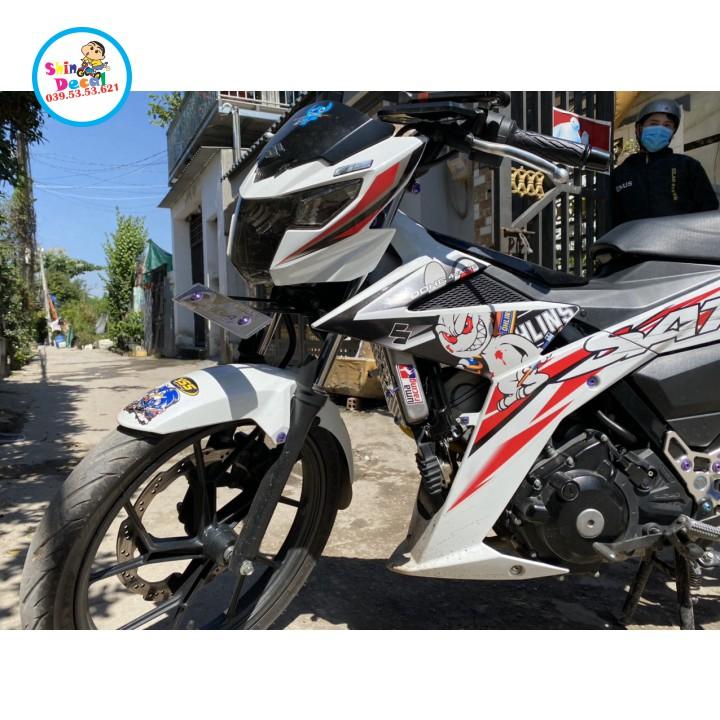 Tem xe Satria fi thỏ cầm phuộc dán xe trắng