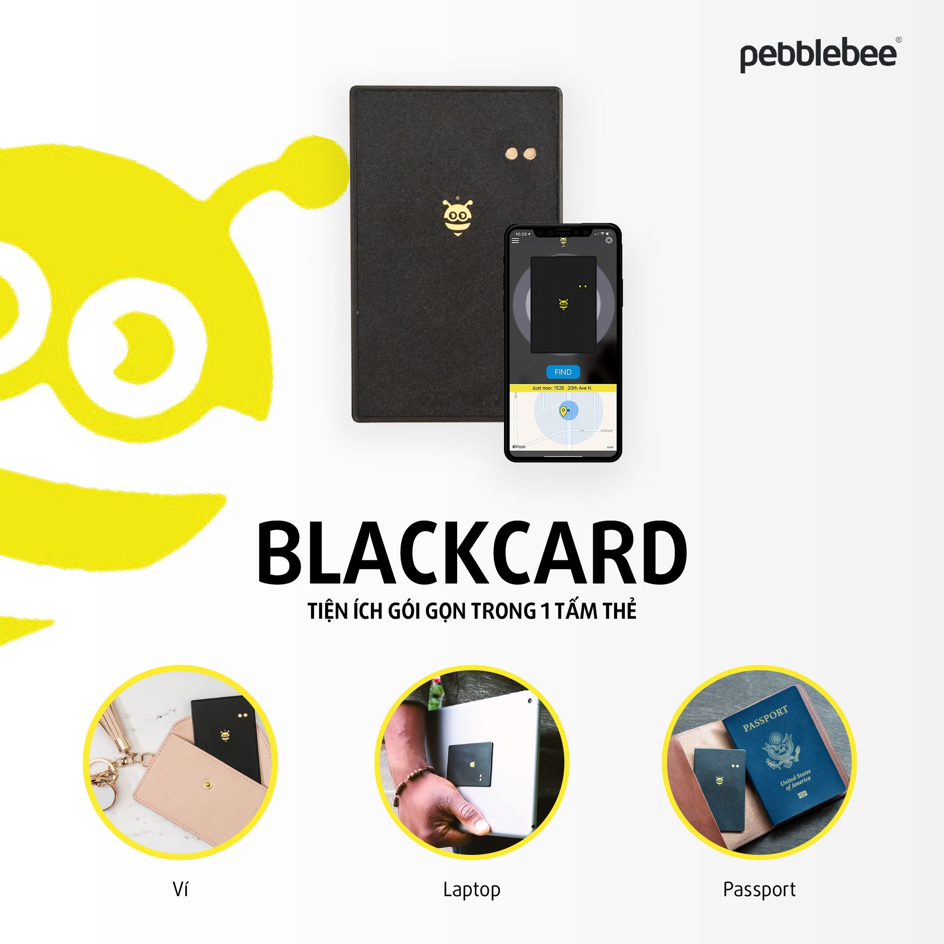 Thẻ định vị đa chức năng Pebblebee Black Card - Nhập khẩu chính hãng - Tìm kiếm, định vị đồ đạc