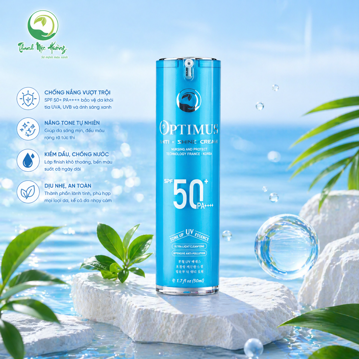 Kem Chống Nắng Thanh Mộc Hương Optimus Anti Shine Chống Trôi Nâng Tone Bảo Vệ Da SPF50+ PA++++ 50ml