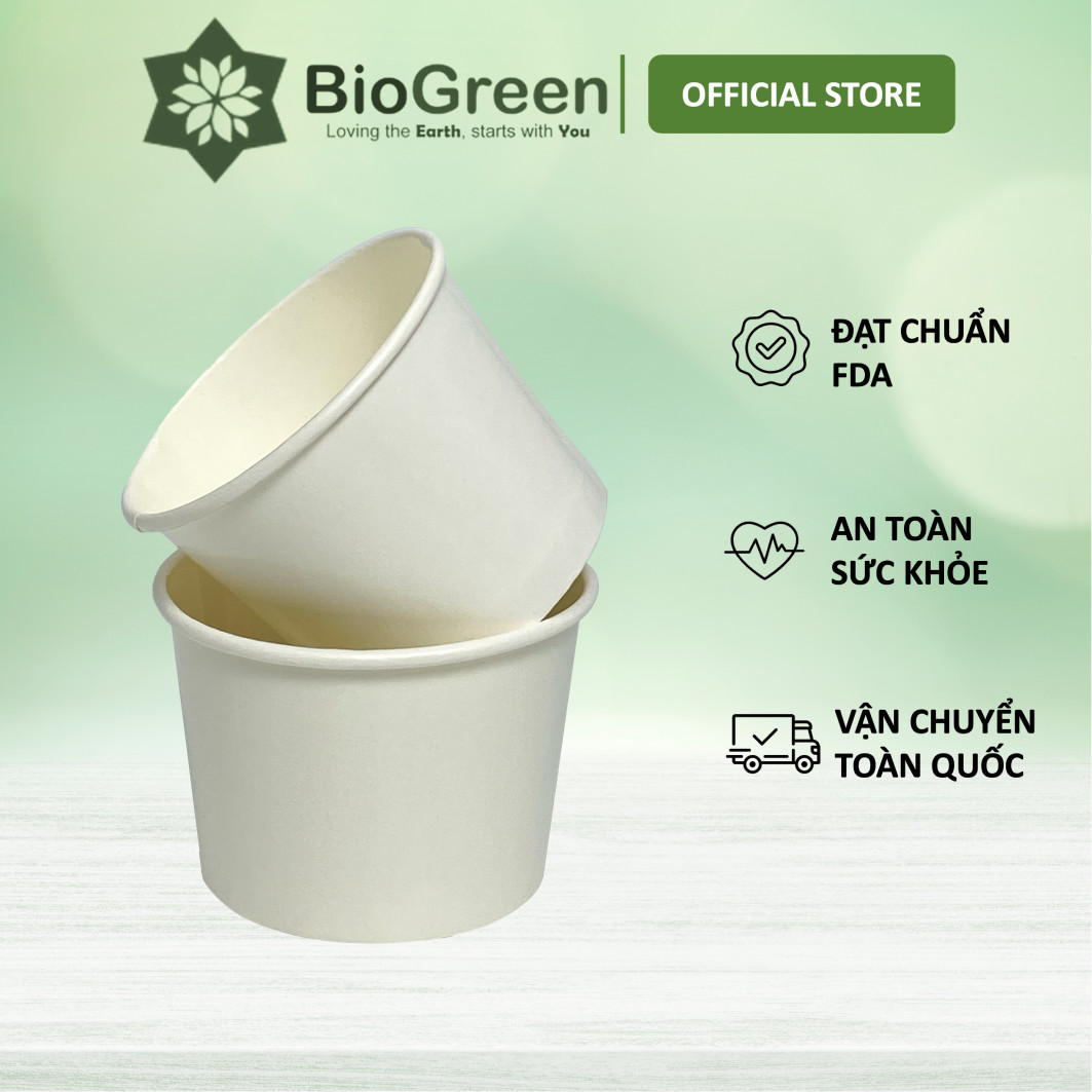 50 tô giấy trắng 12oz - 360ml, 16oz - 500ml, 320z- 946ml có nắp, đựng kem, cháo, thực phẩm nóng, lạnh
