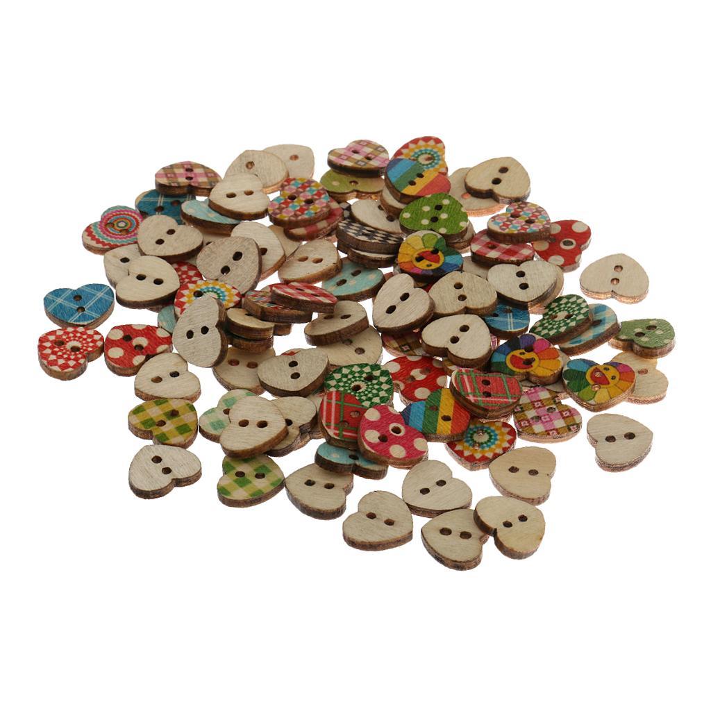 2-4pack 100pcs Heart Shaped Painted 2 Hole Wood Buttons 15mm for Sewing