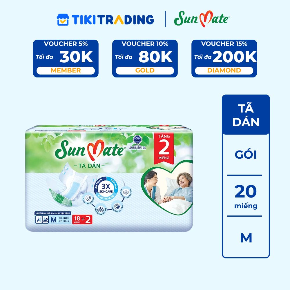 [Mẫu mới] Tã dán người lớn SunMate XA2 mới size M-18+2 miếng