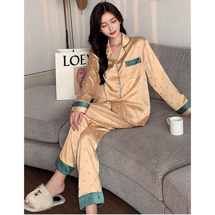 Đồ bộ lụa cao cấp dài tay mặc nhà Bộ đồ ngủ pyjama tay dài phong cách