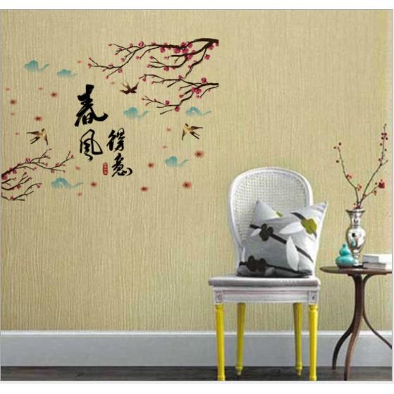 Decal trang trí tường Cây hoa anh đào và chữ