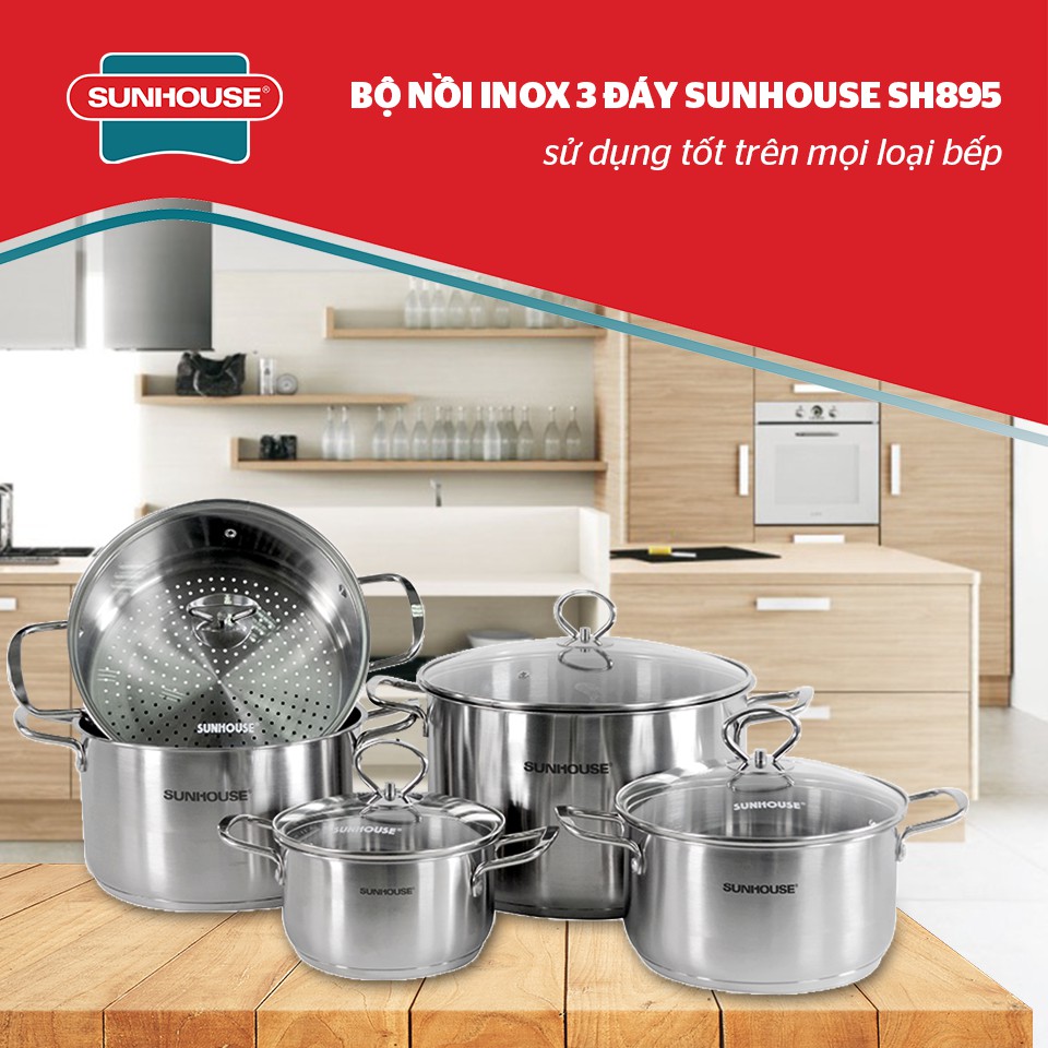 Bộ nồi inox 3 đáy Sunhouse SH895