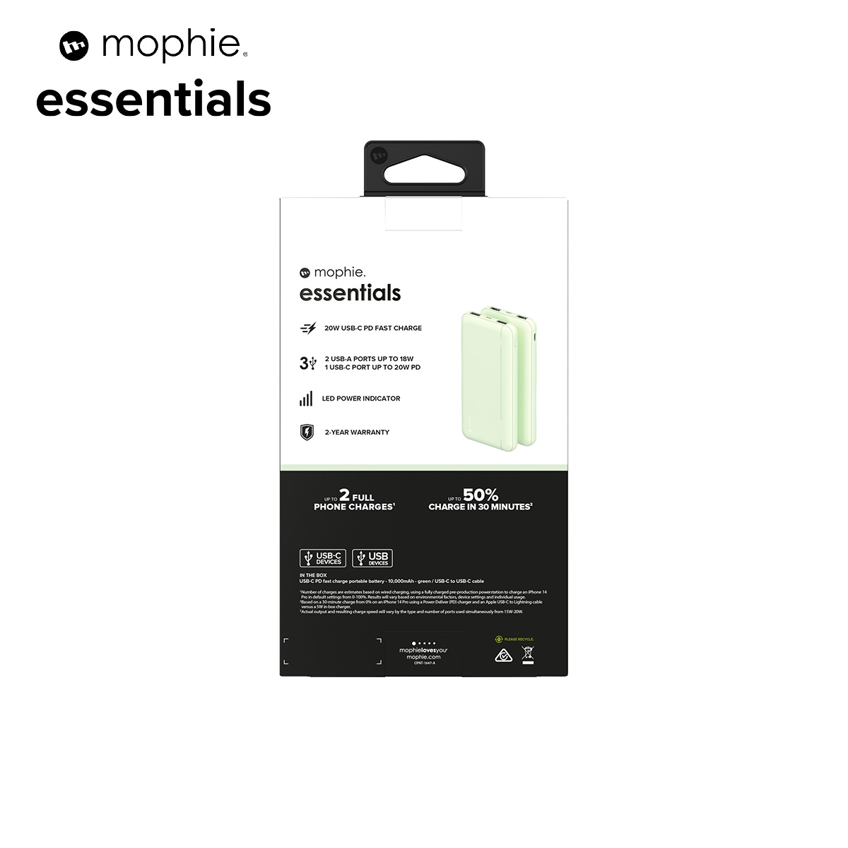 Sạc dự phòng Mophie Essentials 10.000mAh/3.7V PD20W 2 USB-A 1 USB-C, bảo hành 12 tháng - Hàng chính hãng
