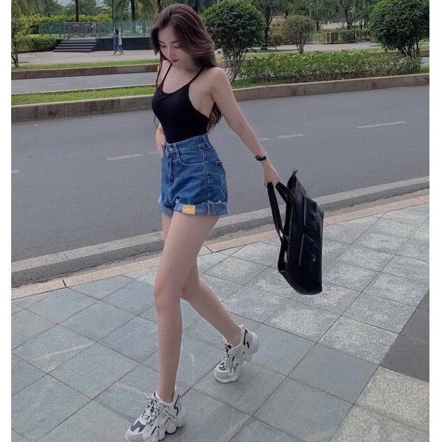 [L2M] Quần short JEANS LẬT LAI gắn NHÃN lưng cao chất liệu co giãn siêu tôn dáng phong cách cá tính