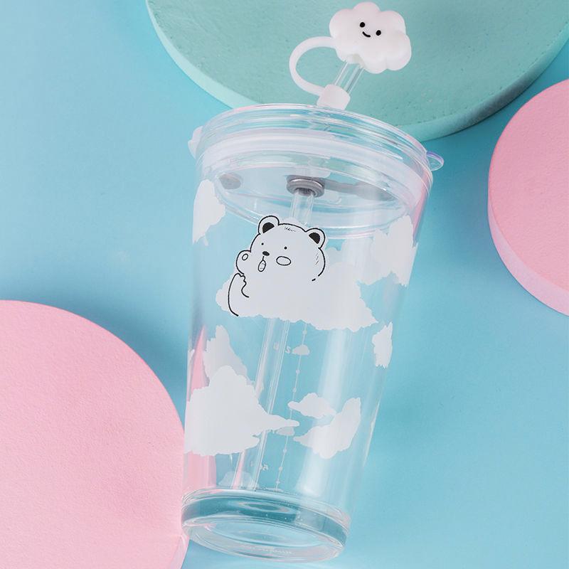 Thủy Tinh 480Ml Bình Nước Dễ Thương Mây Hoạt Hình Gấu Nước Sữa Straw Cup Chống Rò Rỉ Di Động Bình Tập Uống Có Niêm Phong Nắp nắp