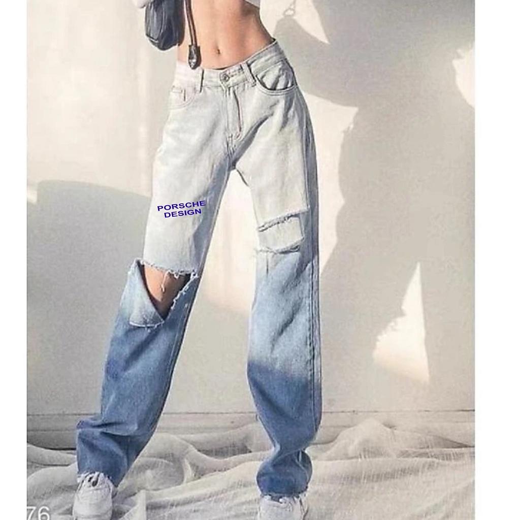 Quần jean baggy nữ loang màu in chữ cạp cao phong cách ulzzang - Quần bò baggy lưng cao loang màu rách gối in chữ