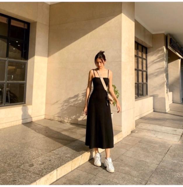 VÁY THUN DÂY XOÈ ĐEN DÁNG DÀI ĐẸP XUẤT SẮC