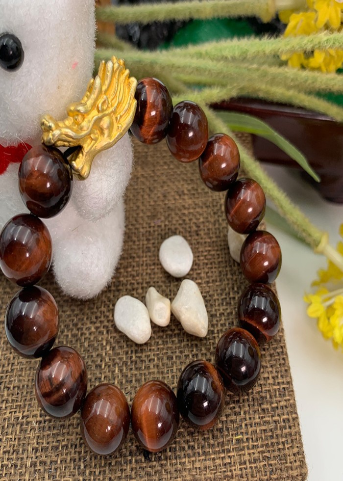 Vòng Đá Mắt Hổ Đỏ Charm Đầu Rồng Bạc Si Vàng