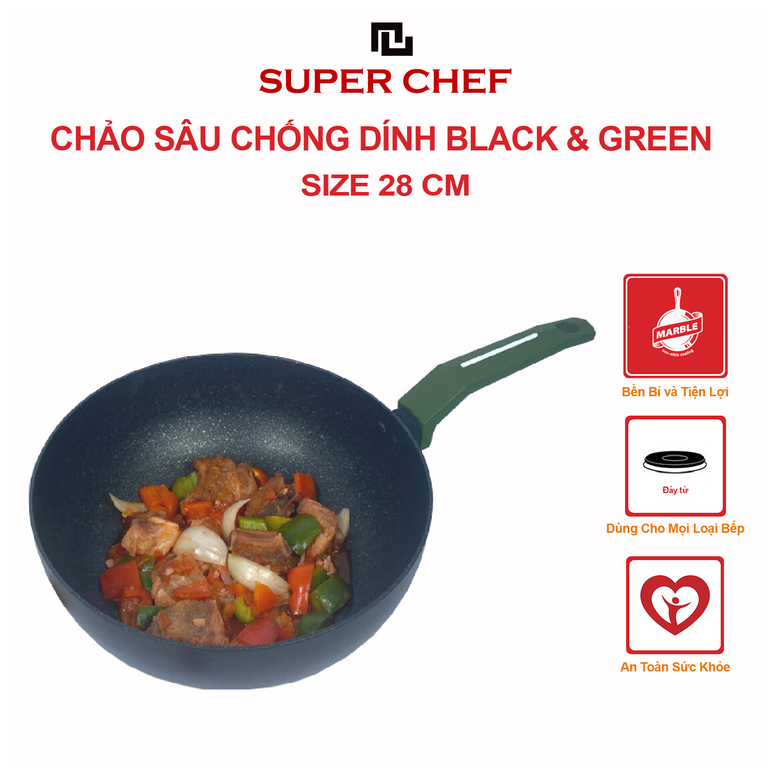 Chảo sâu nắp kính SUPER CHEF black &amp; green h.kim chống dính đáy từ, 28 cm