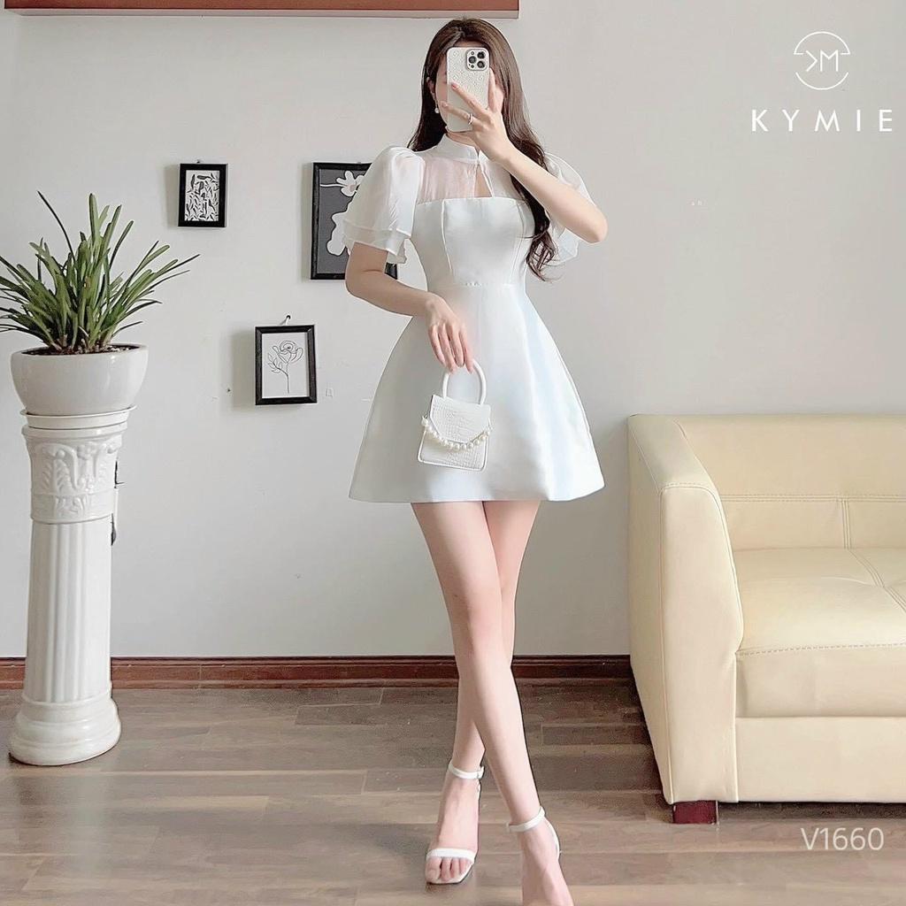 Đầm xoè dự tiệc cổ tàu phối voan tay cánh tay 2 lớp