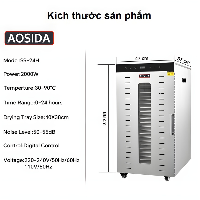 Máy sấy thực phẩm công nghiệp thương hiệu cao cấp AOSIDA SS-24H 24 khay - Dung tích 215L - Hàng nhập khẩu