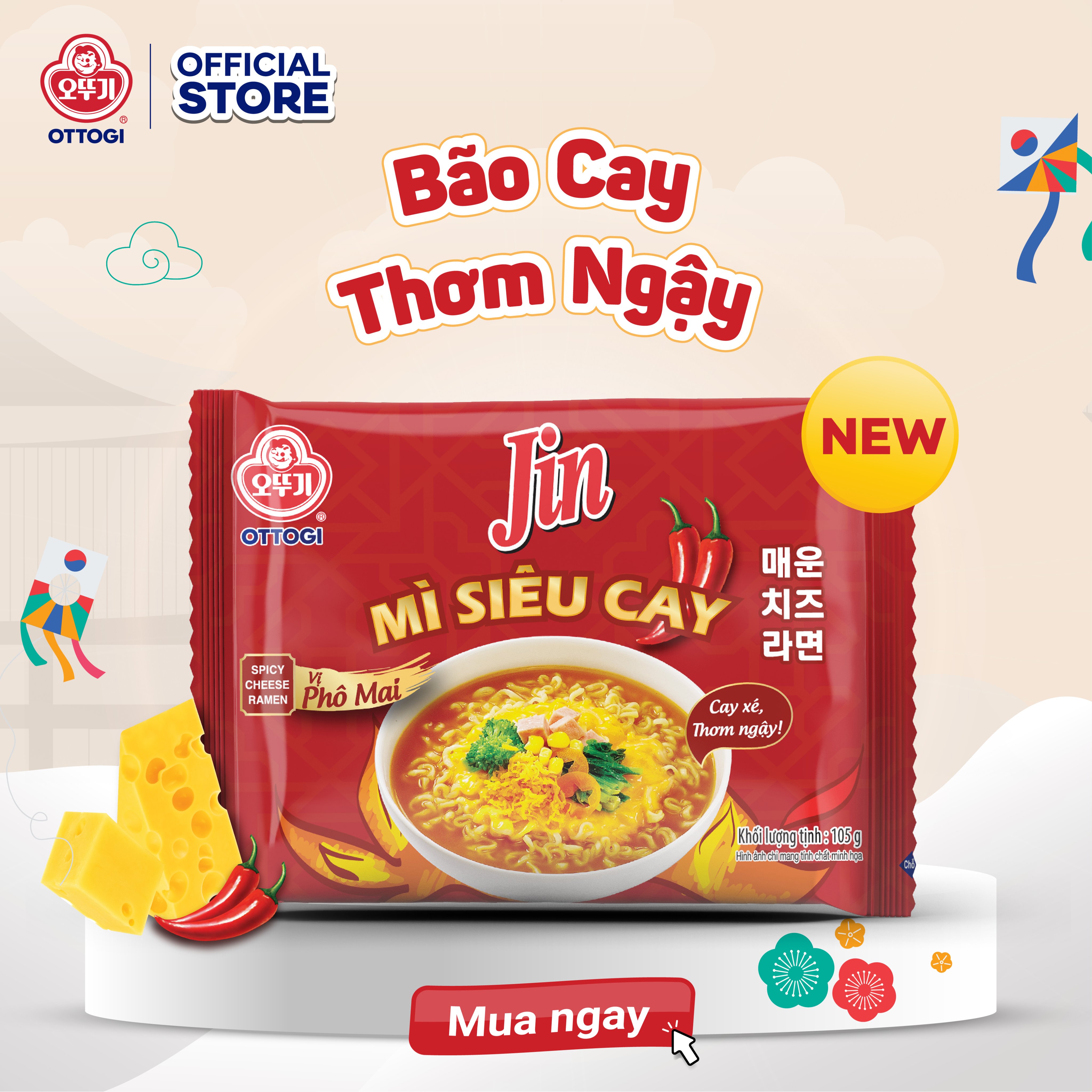 Combo 5 gói Mì Jin siêu cay vị phô mai Ottogi 105g