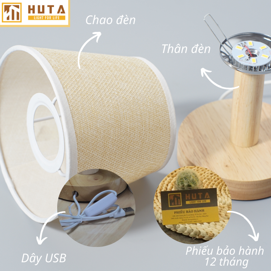 Đèn Ngủ Để Bàn Gỗ HUTA G9 Mini Phong Cách Vintage, Đầu Cắm USB, Decor Trang Trí Phòng Ngủ, Đầu Giường, Dải Led Ánh Sáng Vàng