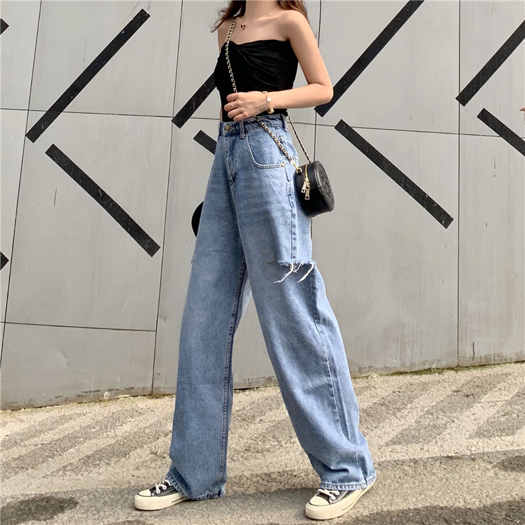 Quần jeans nữ cạp cao ống rộng rách đùi ulzzang, thời trang phong cách trẻ