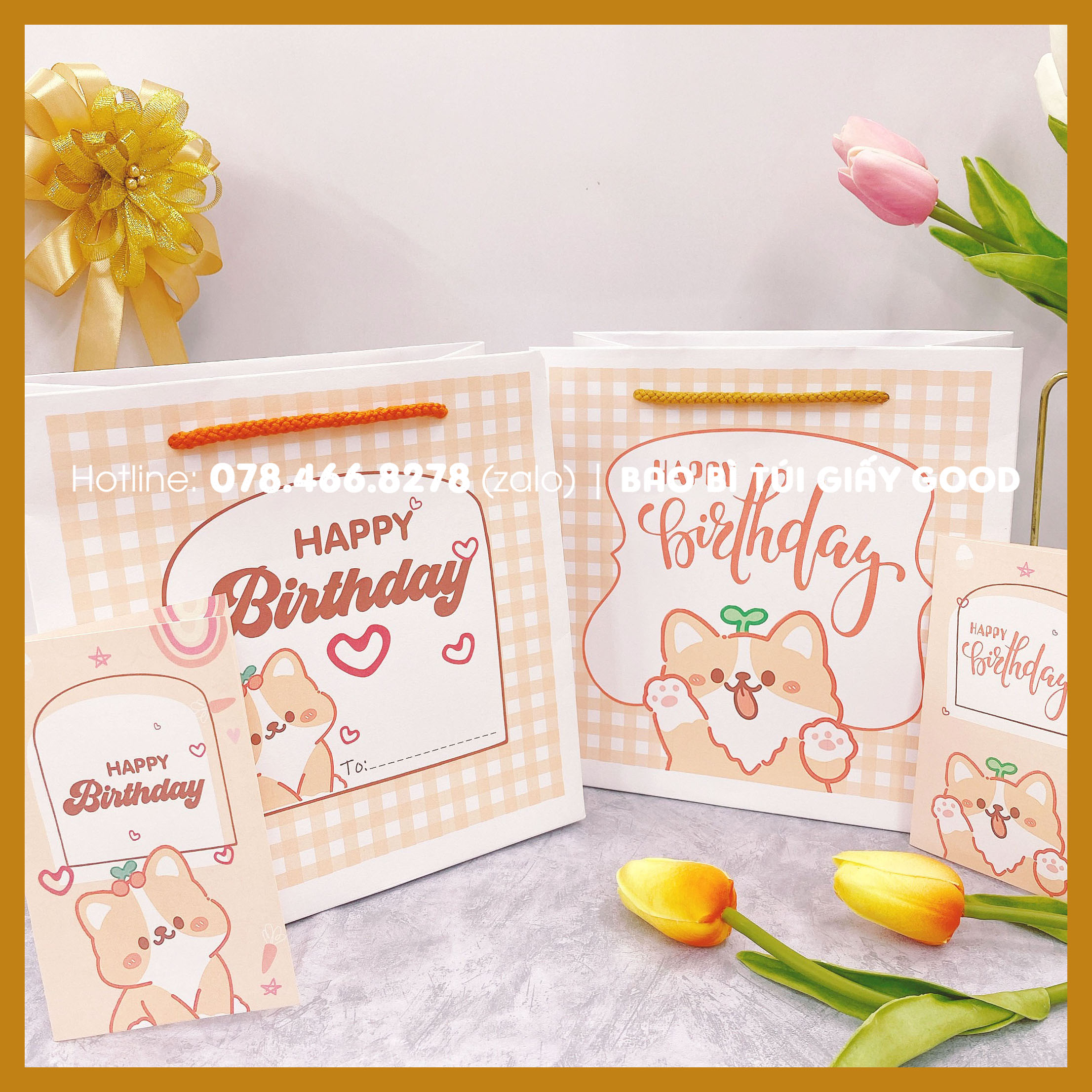 Túi Giấy Kraft Họa Tiết Sinh Nhật/Happy Birthday Dễ Thương 20x20x10cm Đựng Quà Tặng, Gấu Bông Nhỏ, Phụ Kiện, Quai Vải Chắc Chắn