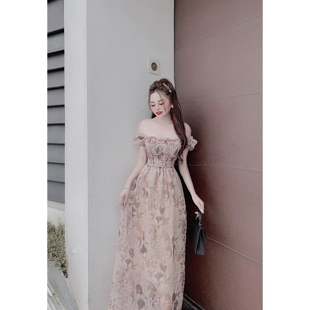 Đầm Maxi Tay Phồng Cổ Vuông Nhúng Ngực Eo Chun - Vải Voan - 3 Màu Xanh , Hồng , Nude - Dành Cho Nàng Đi Chơi