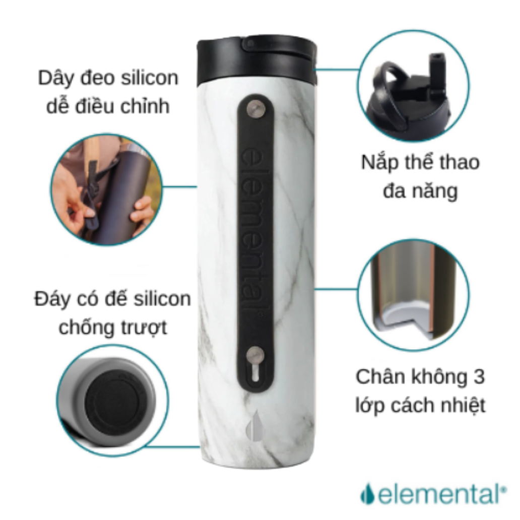 Bình giữ nhiệt Elemental Iconic sport màu vân đá 590ml, giữ nhiệt vượt trội, inox 304, FDA Hoa Kì, An toàn sức khỏe, có ống hút