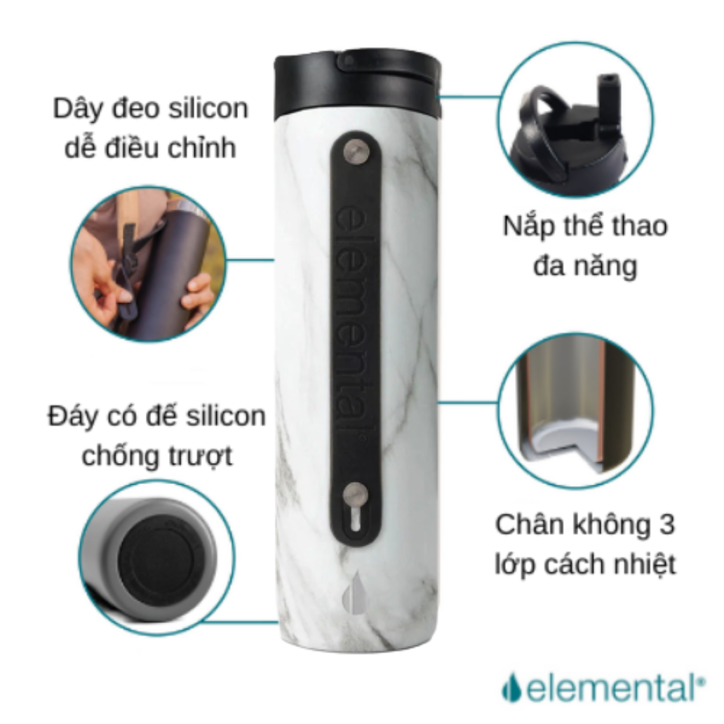 [Hàng chính hãng – Thương hiệu Mỹ] Bình giữ nhiệt Elemental Iconic sport màu vân đá 590ml, giữ nhiệt vượt trội, inox 304, FDA Hoa Kì, An toàn sức khỏe, có ống hút