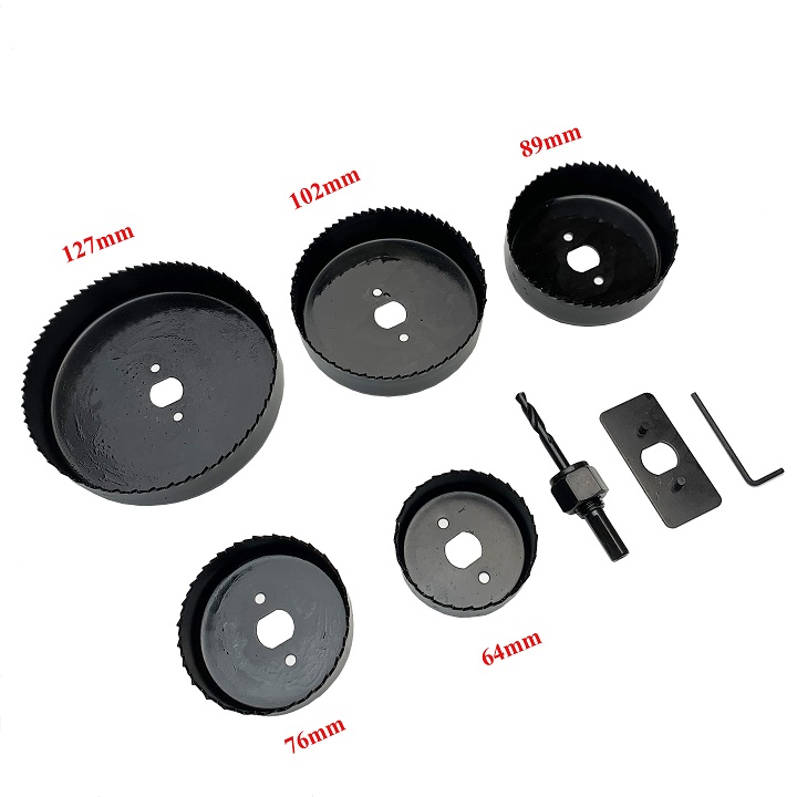 Bộ dụng cụ khoét lỗ 8 chi tiết - 5 vành khoét 64mm; 76mm; 89mm; 102mm; 127mm