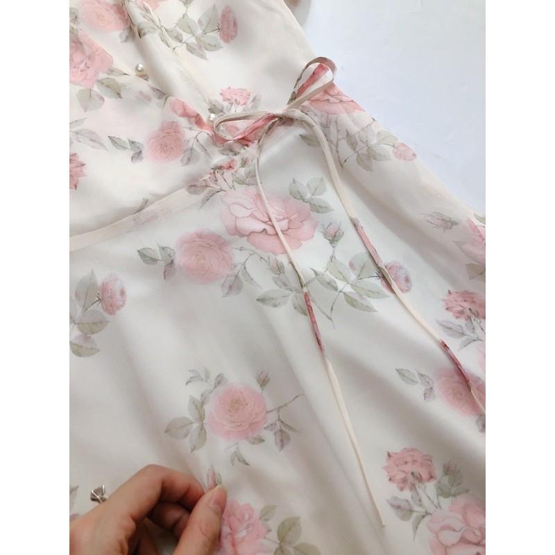 Đầm voan tơ hoa hồng be 2 lớp siêu sang dáng xoè