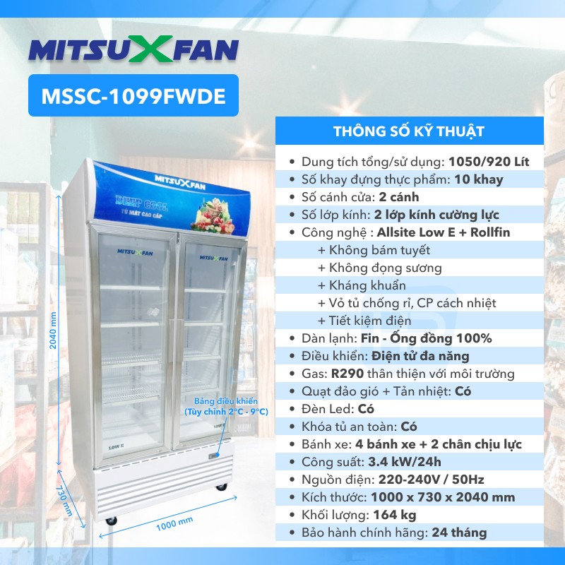 Tủ Mát 2 Cửa Cao Cấp MITSUXFAN MSSC-1099FWDE 1050 Lít, Inverter Siêu Tiết Kiệm Điện, Kính Cường Lực Kép, ROLLFIN 100% Đồng, Tủ Mát Đôi  Công Nghệ LOW-E Không Bám Tuyết, Không Đọng Sương, MSSC1099FWDE - Giao Miễn Phí TP.HCM &amp; Lân Cận, Hàng Chính Hãng