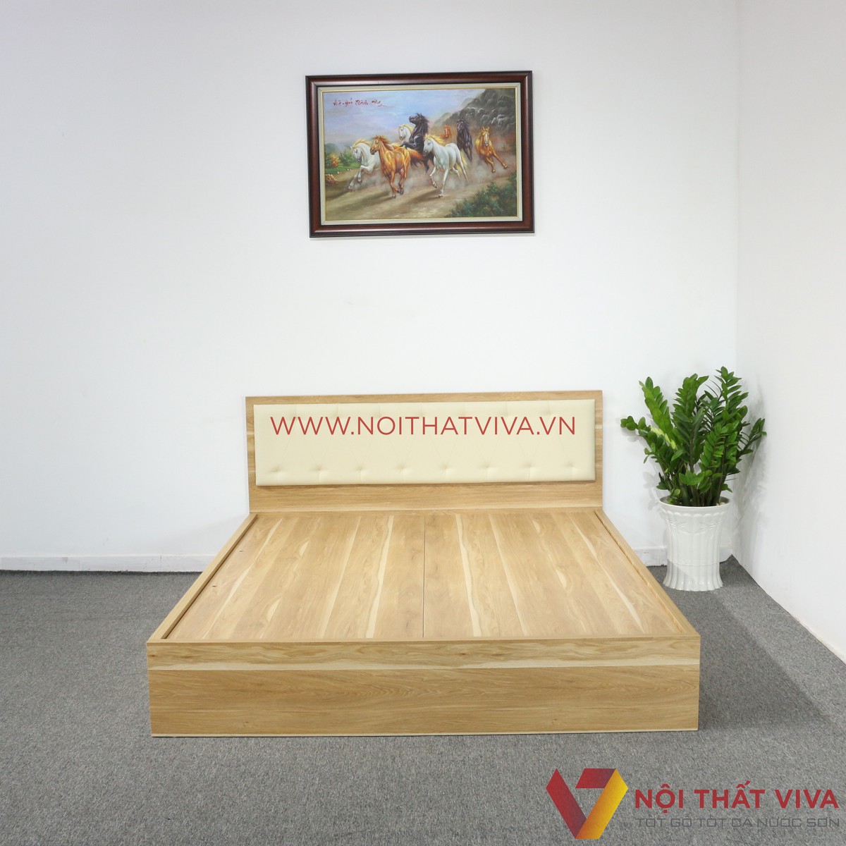 Giường Ngủ Gỗ MDF Melamine Vân Gỗ Vàng Sọc Có Đầu Nệm Kem Đẹp