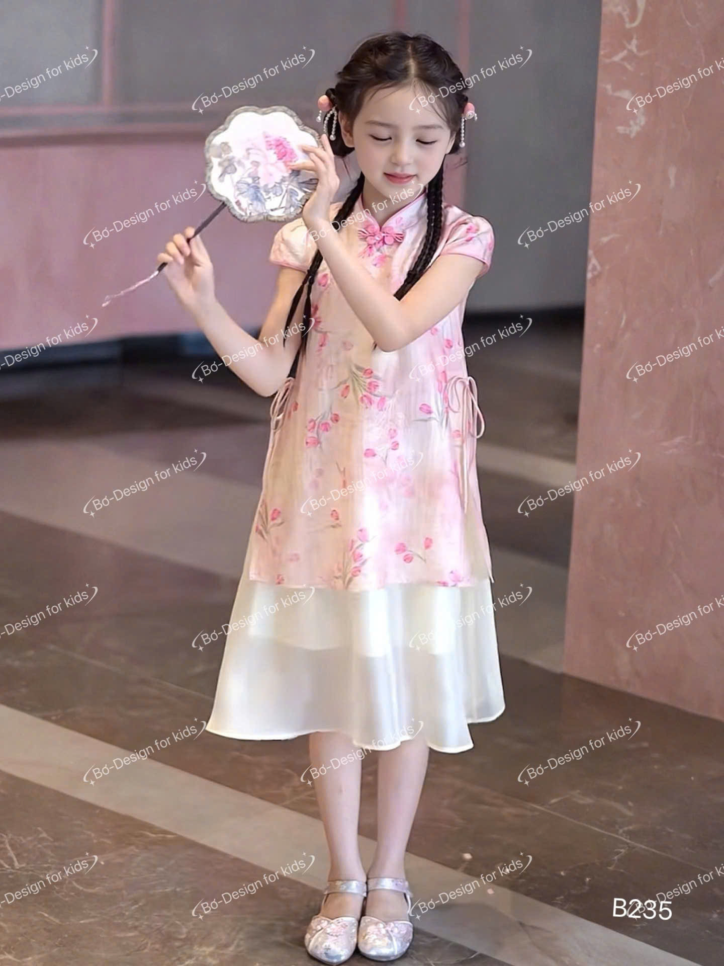 Áo dài sườn xám tết cho bé gái mẫu Hoa mùa xuân xinh xắn từ 12-46kg hàng thiết kế cao cấp