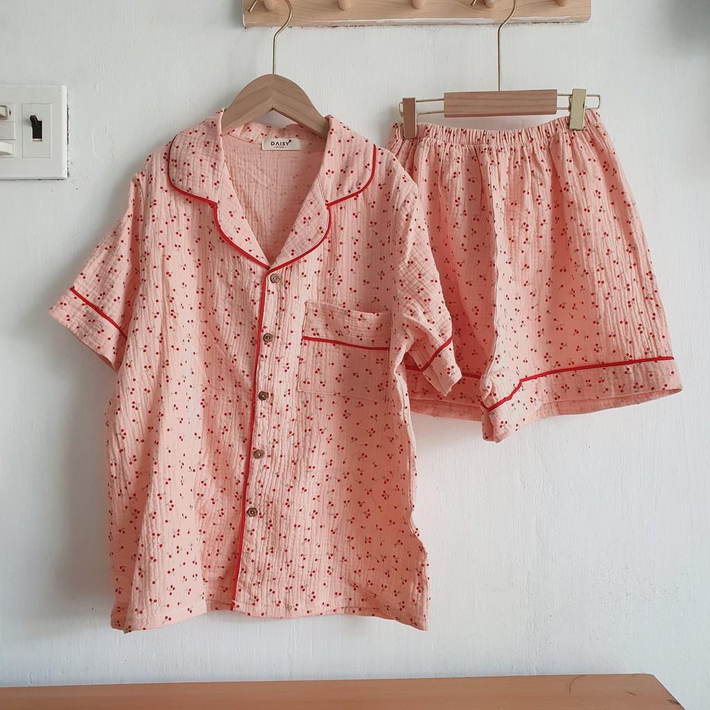 Pyjama đùi muslin hồng cherry