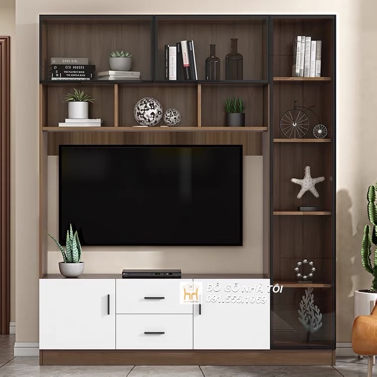 Tủ Kệ Tivi Kiêm Giá Sách Có Kính Đơn Giản Đẹp 2m X 1m8 - TR631