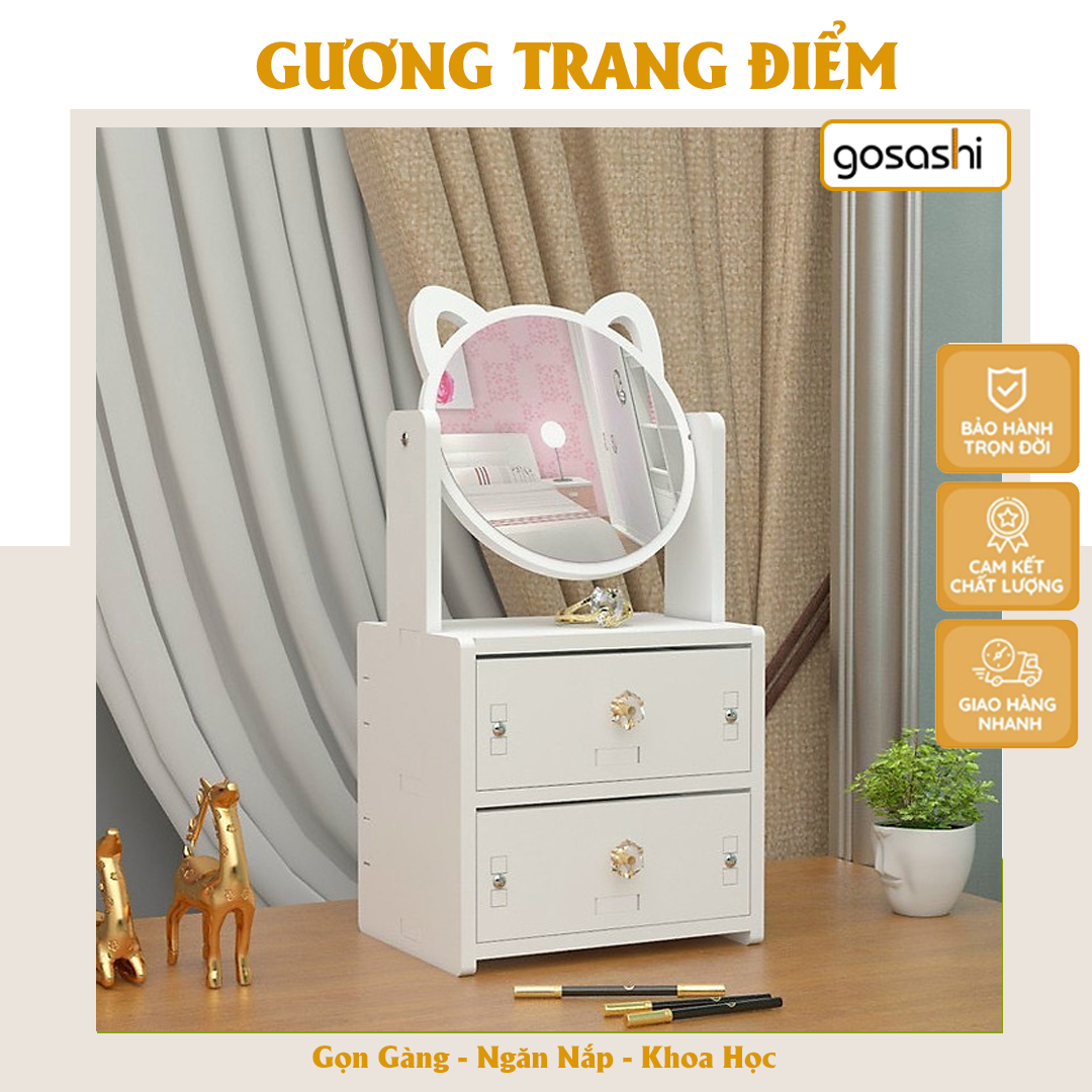 Kệ Mỹ Phẩm Bàn Trang Điểm Mini Có 2 Ngăn Kéo Tiện Lợi Kèm Gương Tai Mèo 4 Ngăn Sườn Dễ Thương