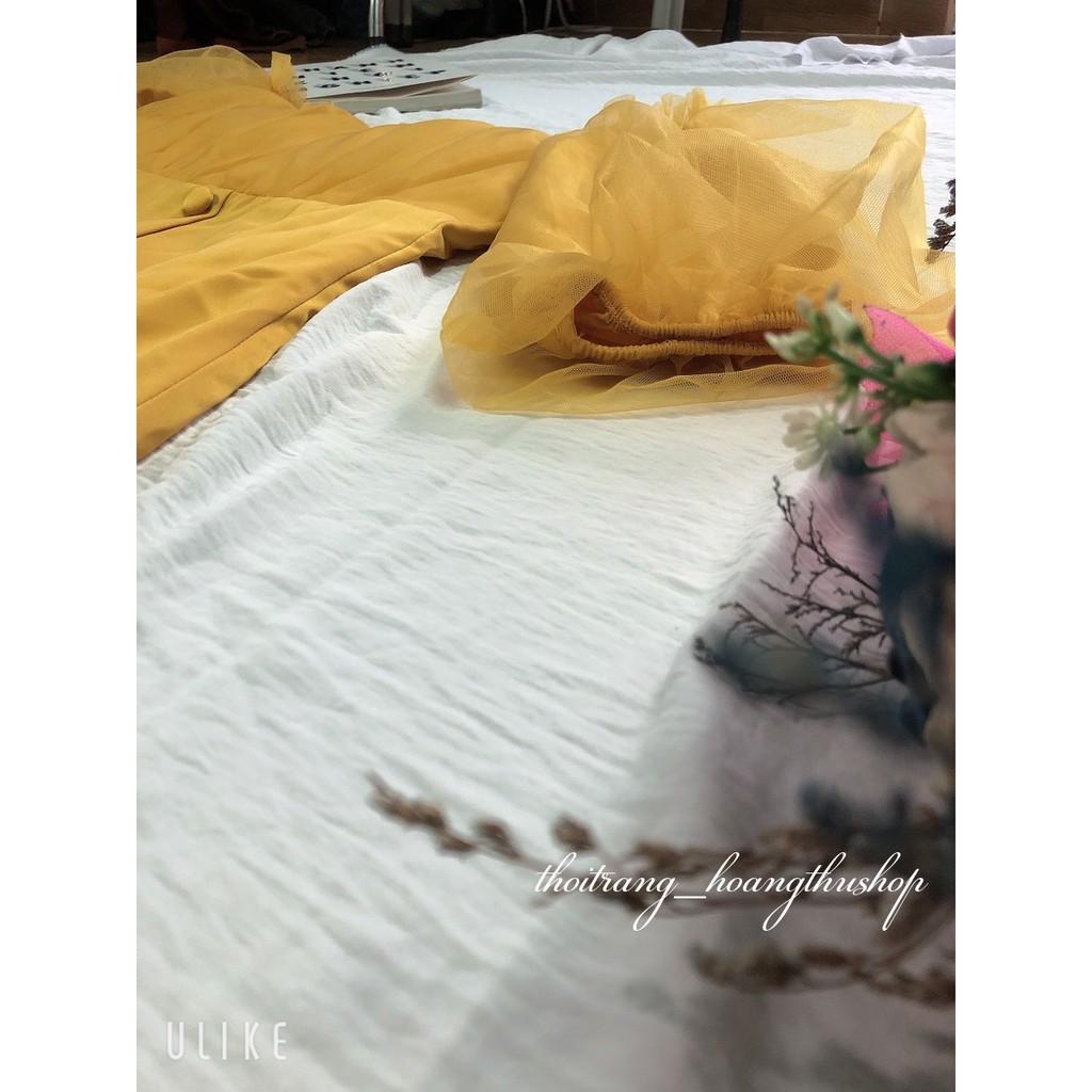 - Đầm dự tiệc vàng tay bồng tiểu thư trễ vai nút bọc siêu xinh tôn dáng - Chất Vải Đẹp, Thoải Mái