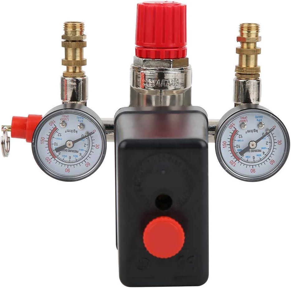 Công tắc áp suất máy nén khí Bộ điều chỉnh Manifold Hệ mét 90-120PSI Van điều khiển ống đầu ra kép có thể điều chỉnh Thường nằm ngang Đồng hồ đo công tắc kép