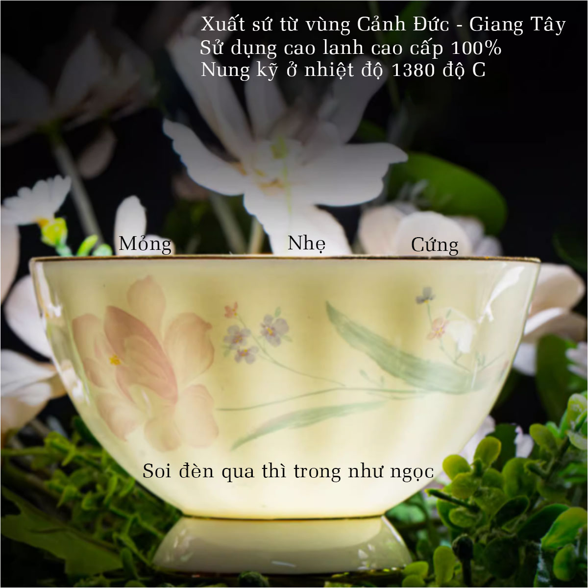 Bộ bát ăn cơm SỨ XƯƠNG Giang Tây cao cấp 60 chi tiết - Bộ chén ăn cơm sang trọng, tinh tế - Bát đĩa mỏng nhẹ nhưng cứng trong và cách nhiệt tốt. Mã GS24