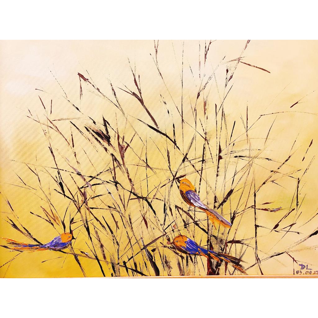 Tranh quà tặng ý nghĩa - Tranh canvas vẽ tay nghệ thuật- Tranh Nhà Liên- Tranh vẽ những chú chim và cánh đồng