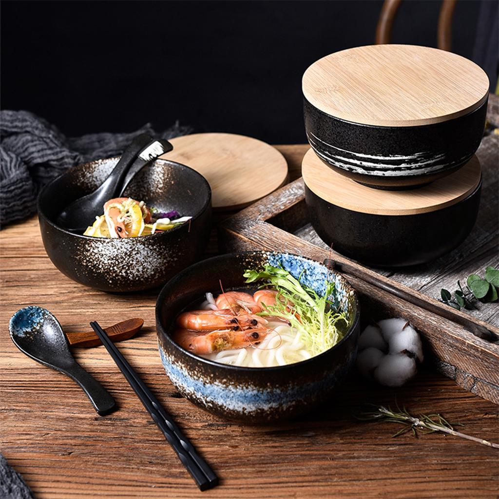 Ceramic Bowl Japanese Style Salad Bowl Creative Soup Bowl with Lid Spoon Bowl for Noodles and Rice Gifts