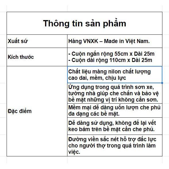 Cuộn nilon che sơn, màng che phủ bảo vệ khi phun sơn ô tô - xe máy, che nền - tường nhà kích thước 55cmx25m