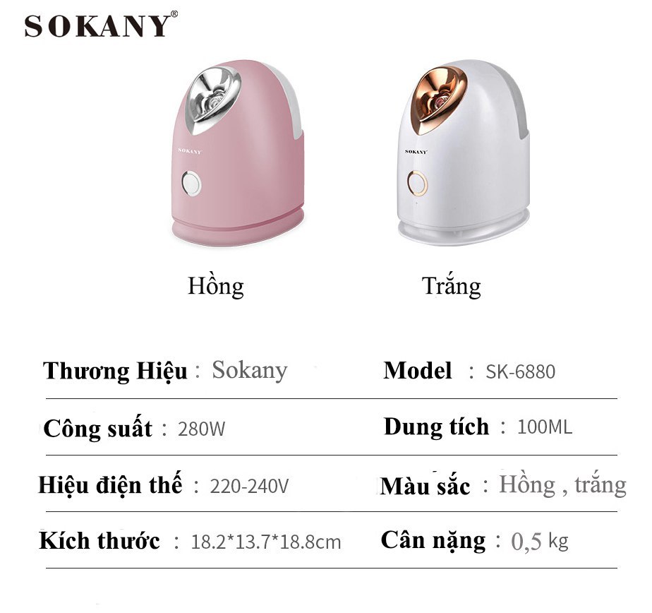 Máy xông hơi mặt SOKANY toả hơi đều liên tục cung cấp độ ẩm cho toàn bộ da măt tự ngắt chống cháy khi cạn nước - SK 6880 - HÀNG CHÍNH HÃNG- DELIYA