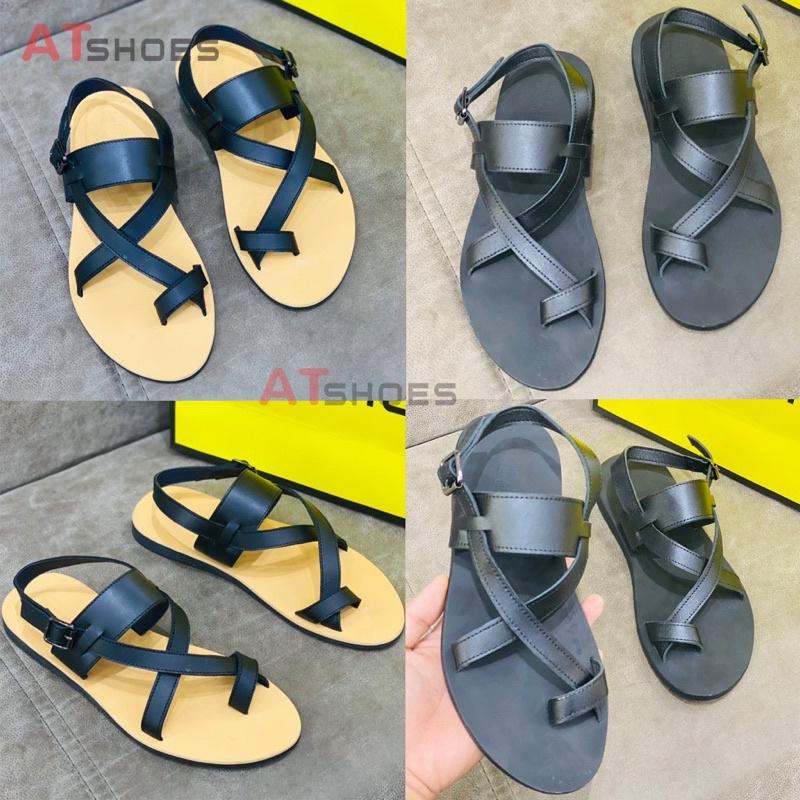 Dép Sandal Unisex cc Da Bò Thật Sandal xỏ ngón nam nữ chuẩn kiểu HQ Trẻ Trung - XDxn203(Đen- đế vàng)