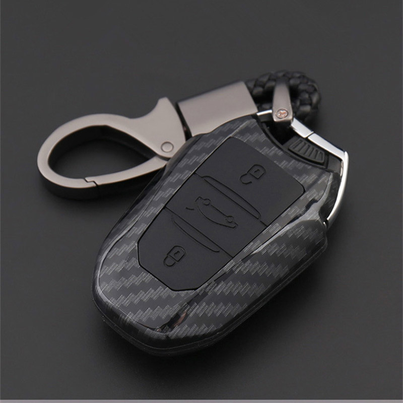 Ốp nhựa carbon lót silicon bảo vệ chìa khóa xe Peugeot 5008 kèm móc đeo INOX