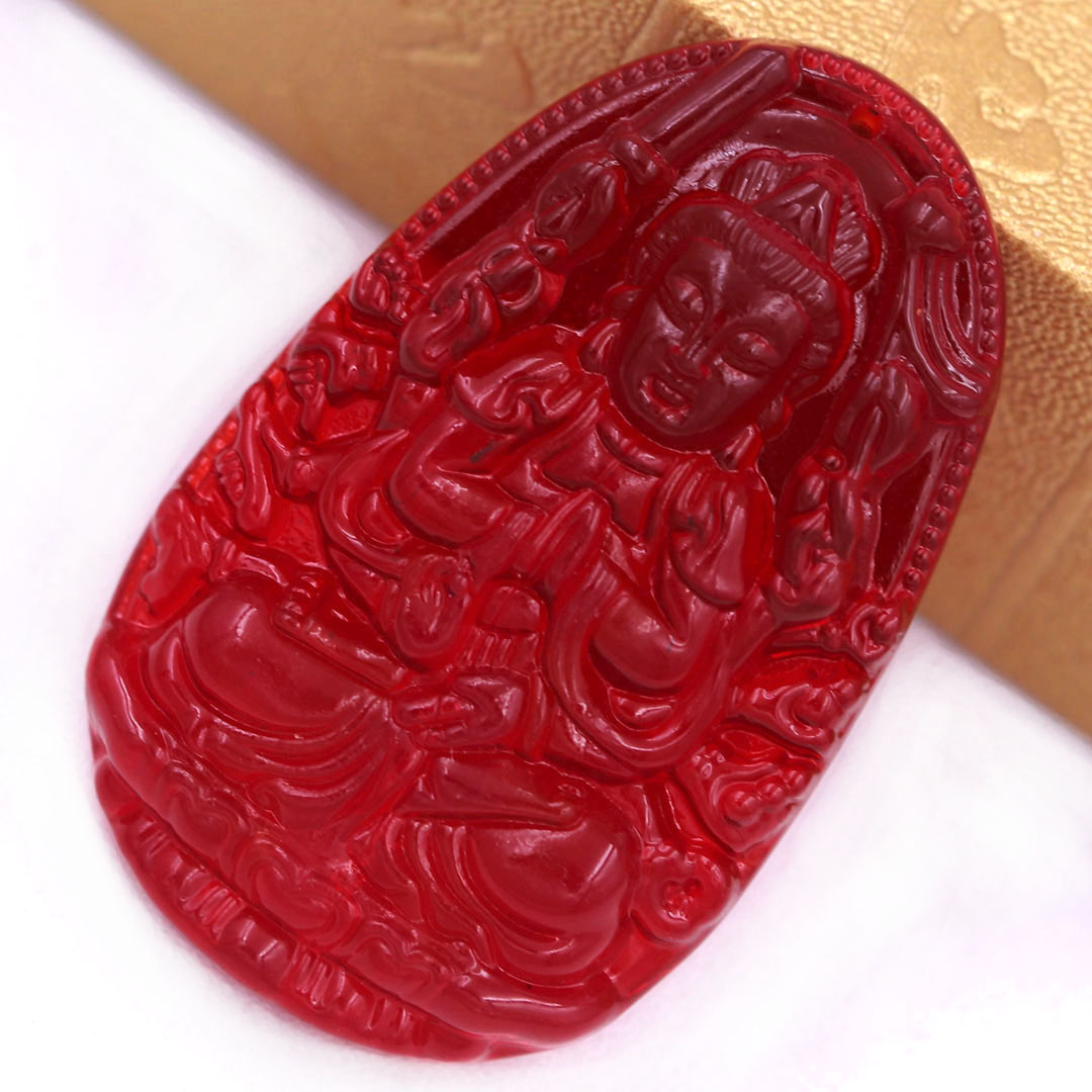 Mặt Phật Thiên thủ thiên nhãn pha lê đỏ 1.9cm x 3cm  kèm vòng cổ dây chuyền inox vàng + móc inox vàng, Phật bản mệnh, mặt dây chuyền