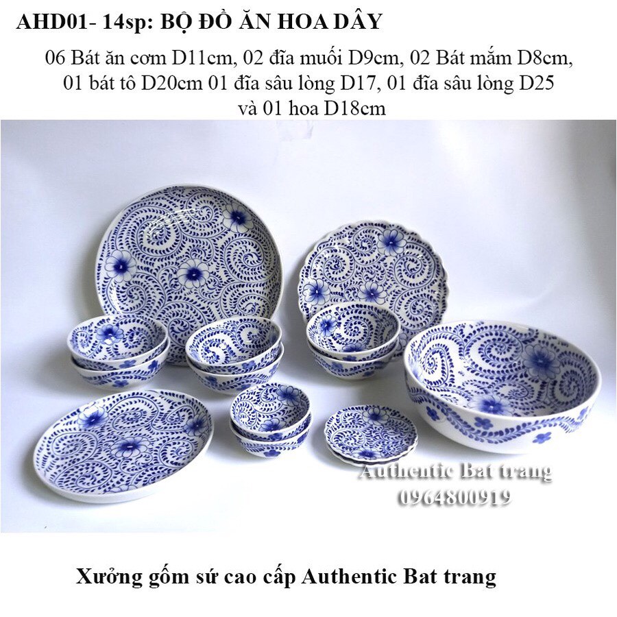 Bộ 10 bát cơm họa tiết vẽ hoa dây đẹp và sang trọng - chuyên bát đĩa nhà hàng cao cấp - xưởng gốm sứ authentic bat trang
