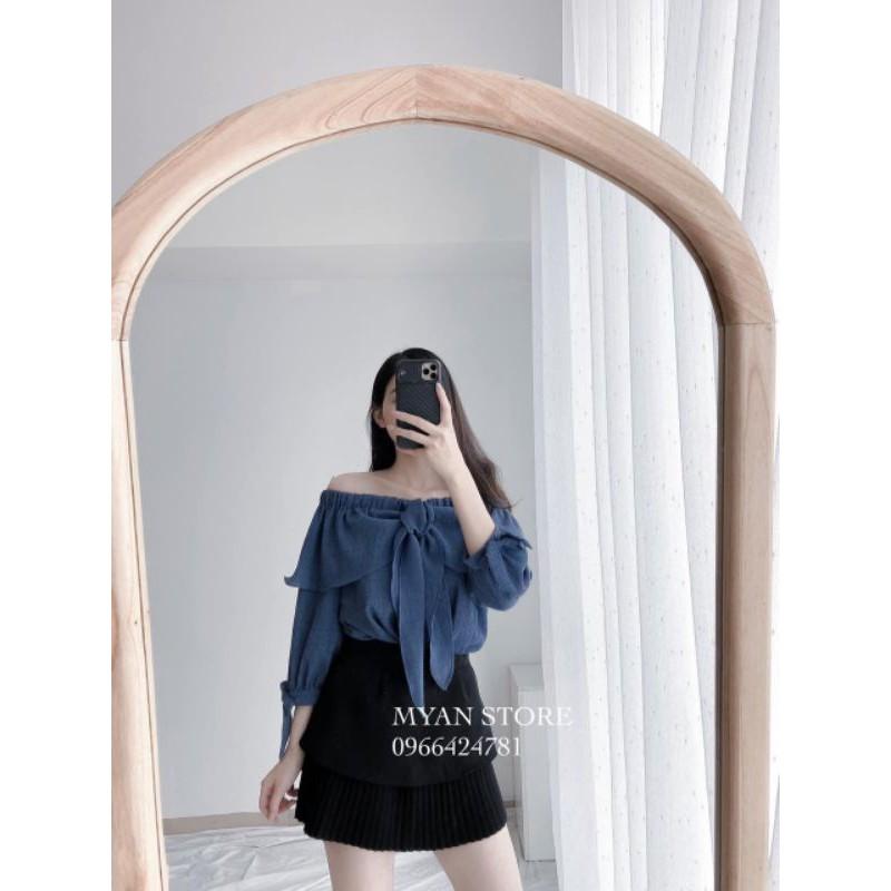 SET ÁO TRỄ VAI CỔ BÈO MIX CHÂN VÁY RẬP LI NHSET02