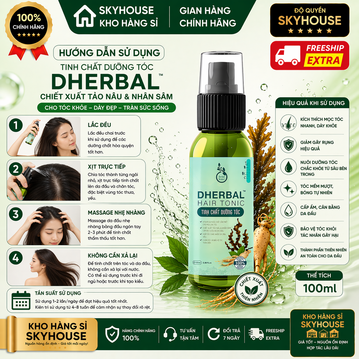 Tinh chất dưỡng tóc thảo dược thiên nhiên chiết xuất tảo nâu nhân sâm độc quyền DHERBAL chai 100ml tinh chất mọc tóc chính hãng