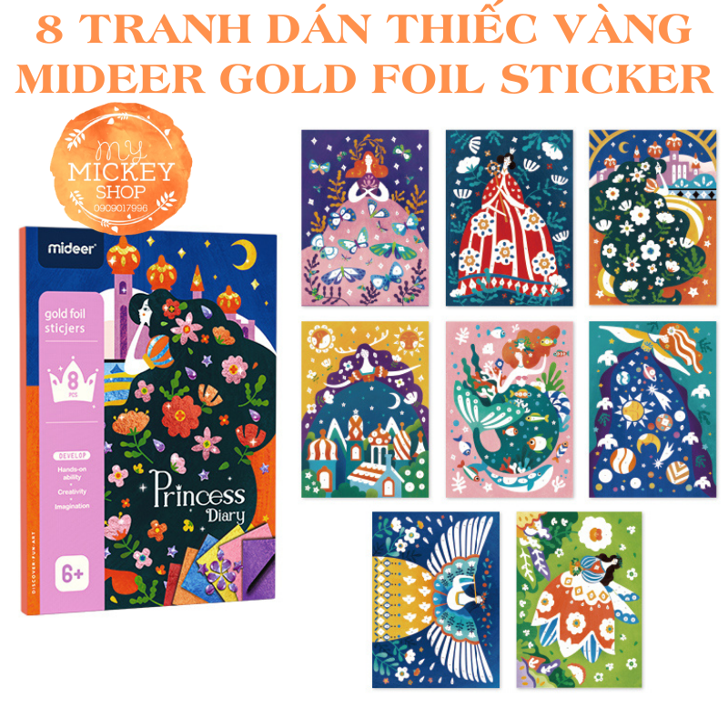 MIDEER GOLD FOIL STICKERS - Bộ 8 tranh dán Nhật Ký Công Chúa dành cho các bé gái yêu thích khéo tay thủ công DIY từ 6 tuổi MD4146